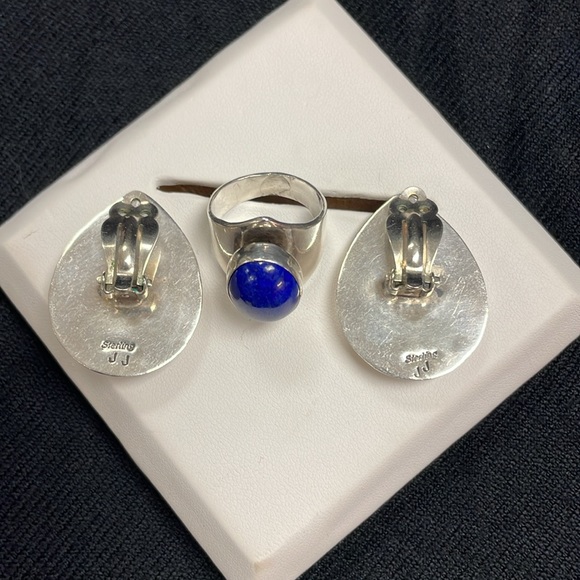 Navajo Artist JJ Johnny Johnson Lapis and Sterling Silver 3 piece set - Picture 3 of 5